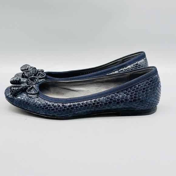 Stuart Weitzman Shoes Womens 6 Blue Ballet Flats Tulip Bow Tassel Snake Embossed - Picture 5 of 13